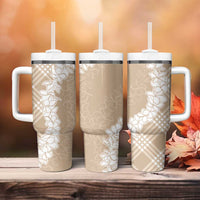 Hawaii Aloha Plumeria Lei Beige Palaka Tumbler With Handle LT7 - Polynesian Pride