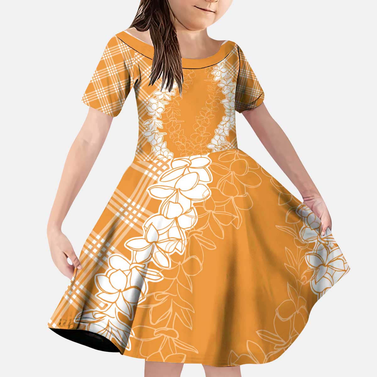 Hawaii Aloha Plumeria Lei Orange Palaka Kid Short Sleeve Dress LT7 KID Orange - Polynesian Pride