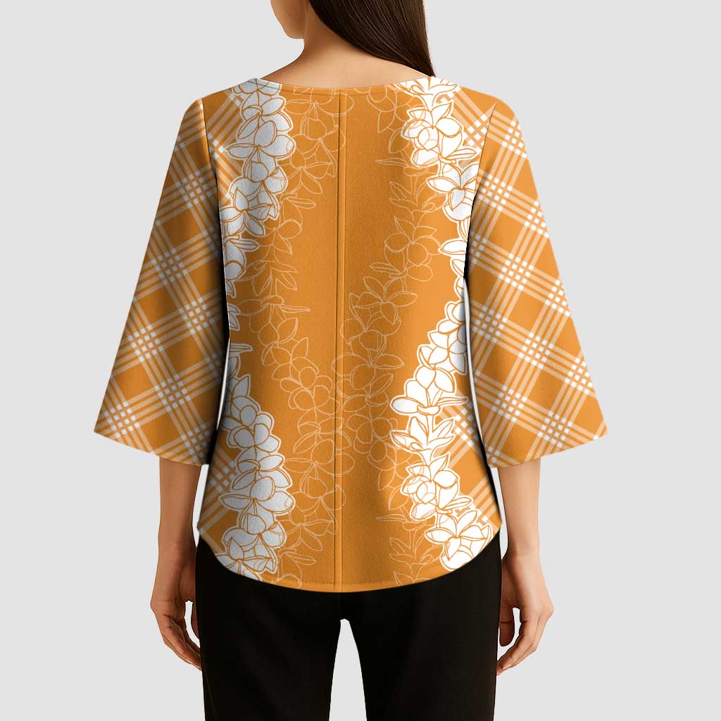 Hawaii Aloha Plumeria Lei Orange Palaka Kimono Sleeve Blouse LT7 - Polynesian Pride