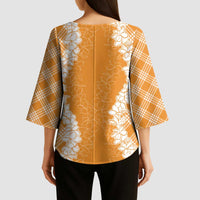 Hawaii Aloha Plumeria Lei Orange Palaka Kimono Sleeve Blouse LT7 - Polynesian Pride