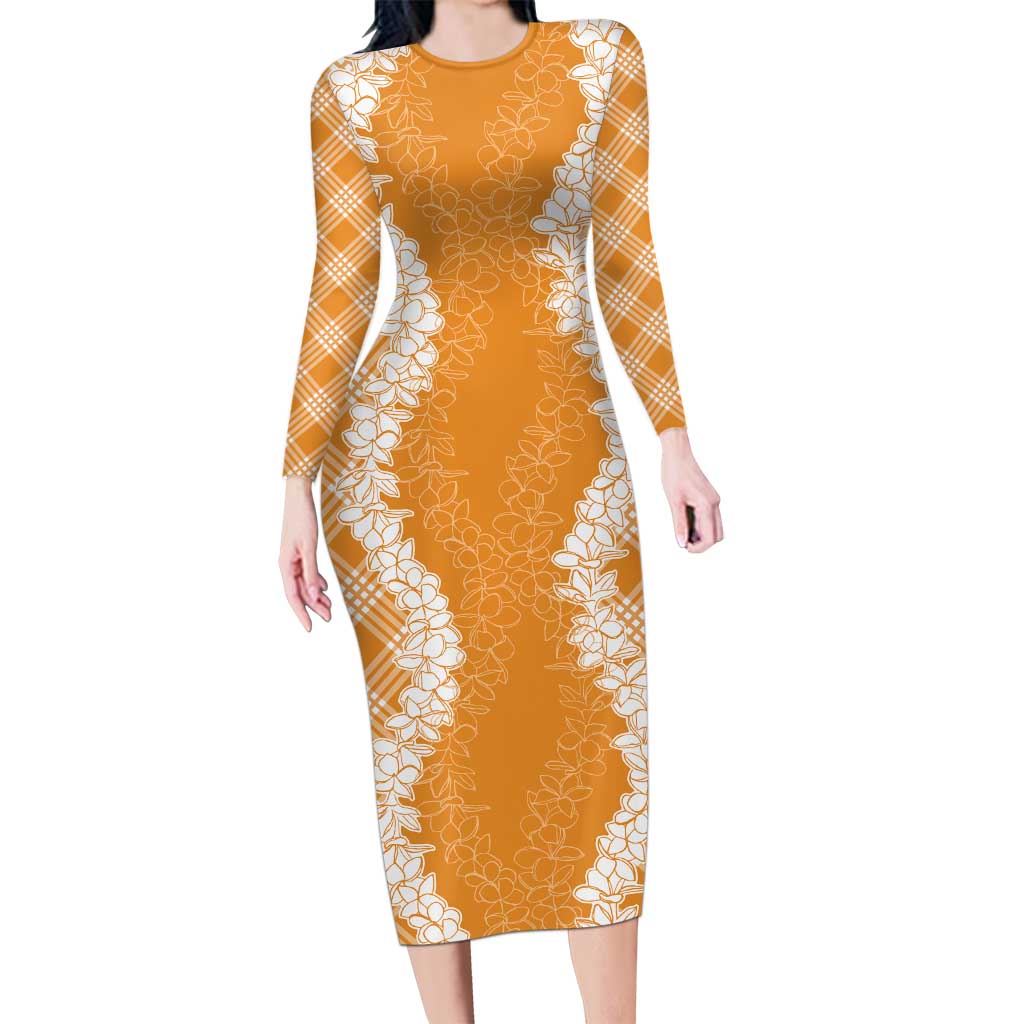 Hawaii Aloha Plumeria Lei Orange Palaka Long Sleeve Bodycon Dress LT7 Long Dress Orange - Polynesian Pride