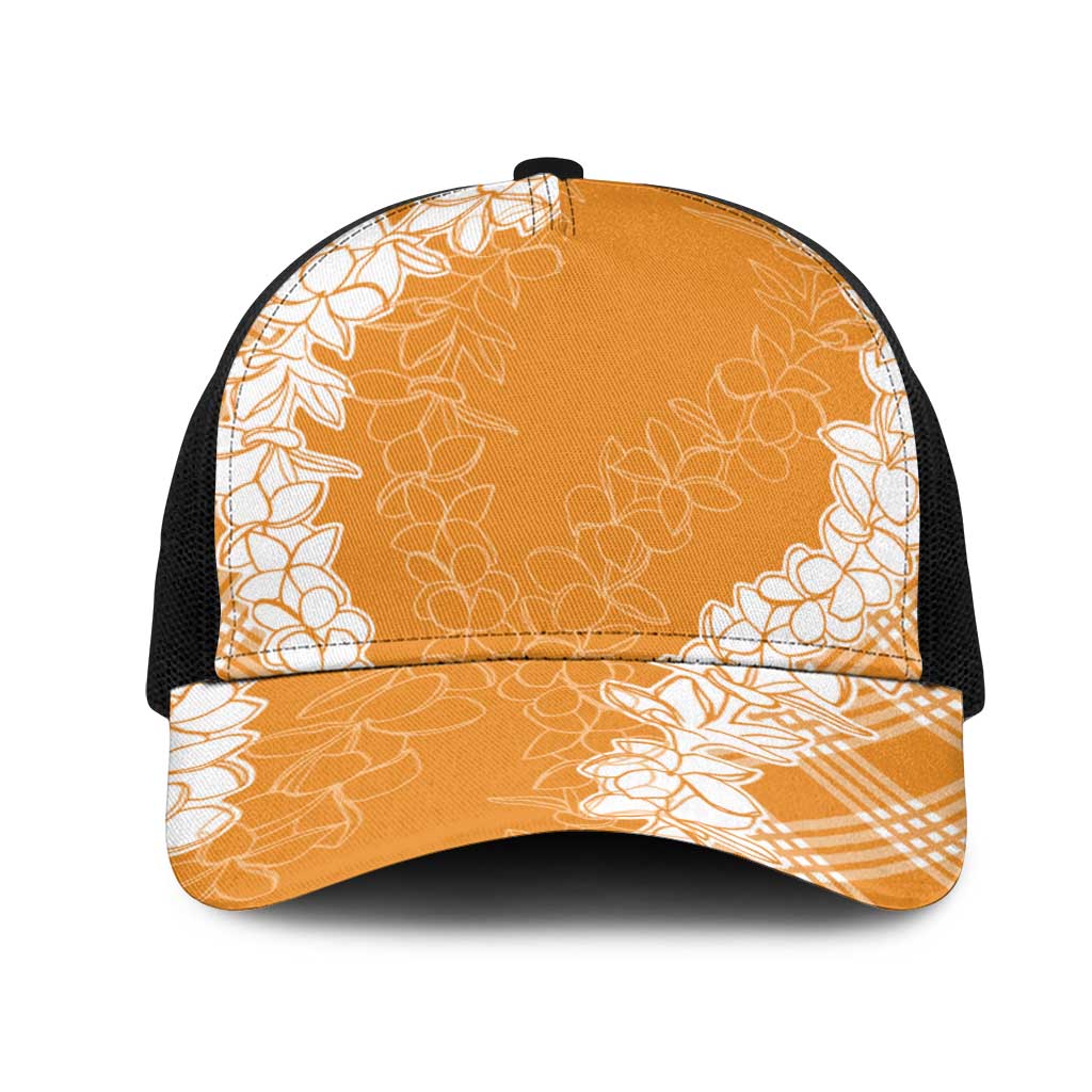 Hawaii Aloha Plumeria Lei Orange Palaka Mesh Trucker Cap LT7 One Size Black Orange - Polynesian Pride