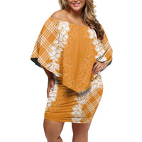 Hawaii Aloha Plumeria Lei Orange Palaka Off Shoulder Short Dress LT7 Women Orange - Polynesian Pride