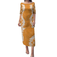 Hawaii Aloha Plumeria Lei Orange Palaka Puletasi LT7 Long Dress Orange - Polynesian Pride
