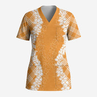 Hawaii Aloha Plumeria Lei Orange Palaka Scrub Top LT7 Adult Orange - Polynesian Pride