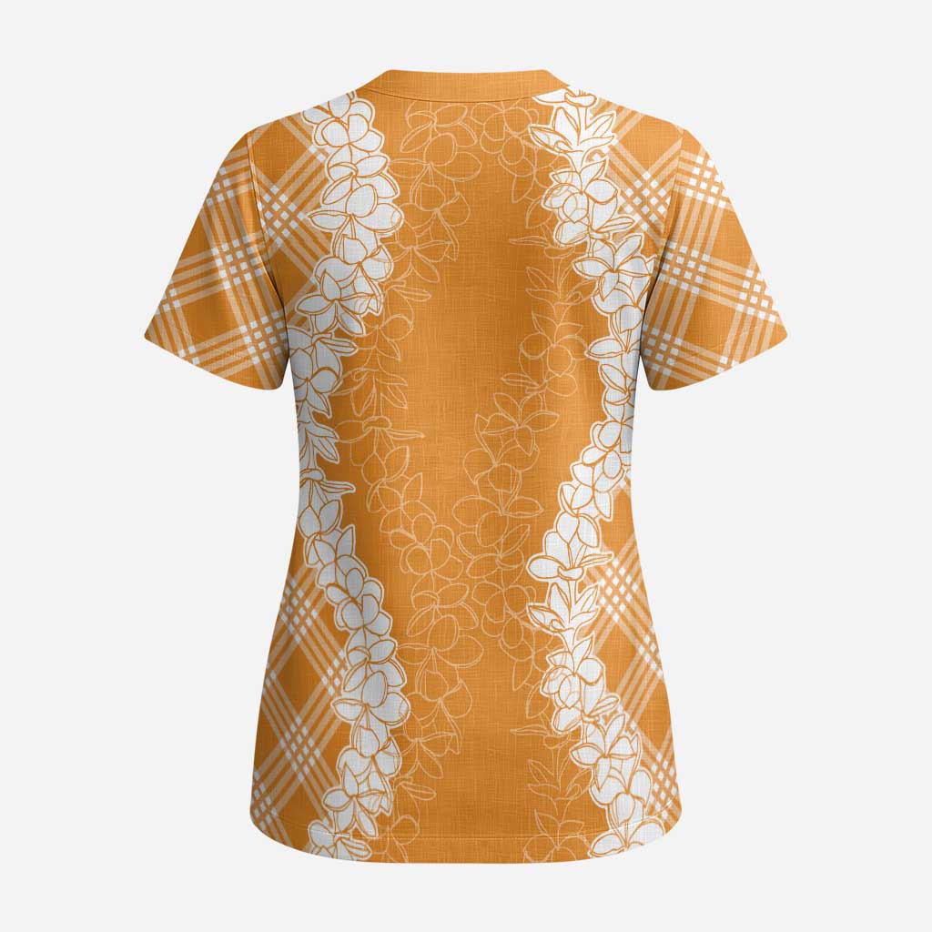 Hawaii Aloha Plumeria Lei Orange Palaka Scrub Top LT7 - Polynesian Pride
