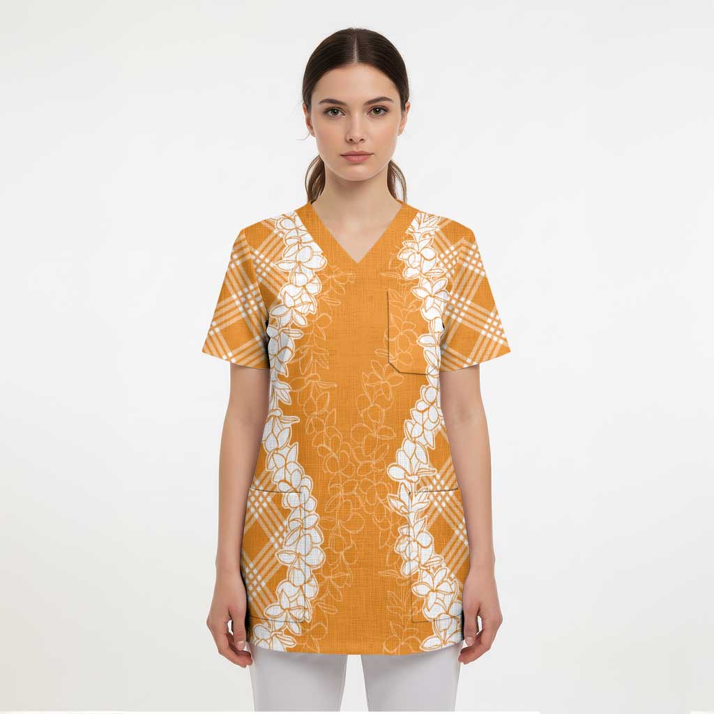Hawaii Aloha Plumeria Lei Orange Palaka Scrub Top LT7 - Polynesian Pride
