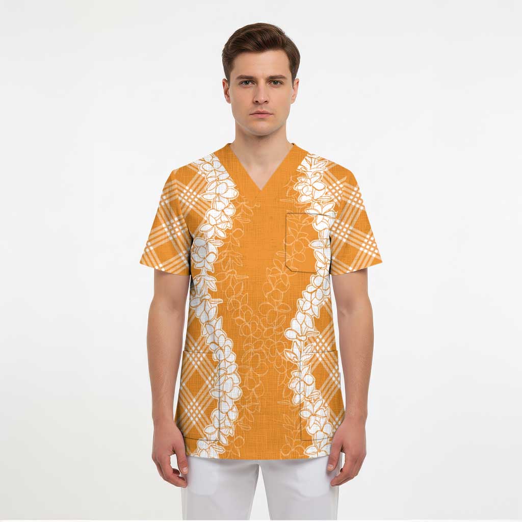 Hawaii Aloha Plumeria Lei Orange Palaka Scrub Top LT7 - Polynesian Pride