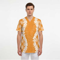 Hawaii Aloha Plumeria Lei Orange Palaka Scrub Top LT7 - Polynesian Pride