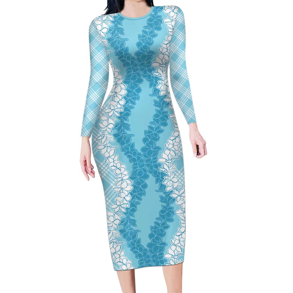 Hawaii Aloha Plumeria Lei Turquoise Palaka Long Sleeve Bodycon Dress LT7 Long Dress Turquoise - Polynesian Pride