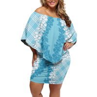 Hawaii Aloha Plumeria Lei Turquoise Palaka Off Shoulder Short Dress LT7 Women Turquoise - Polynesian Pride