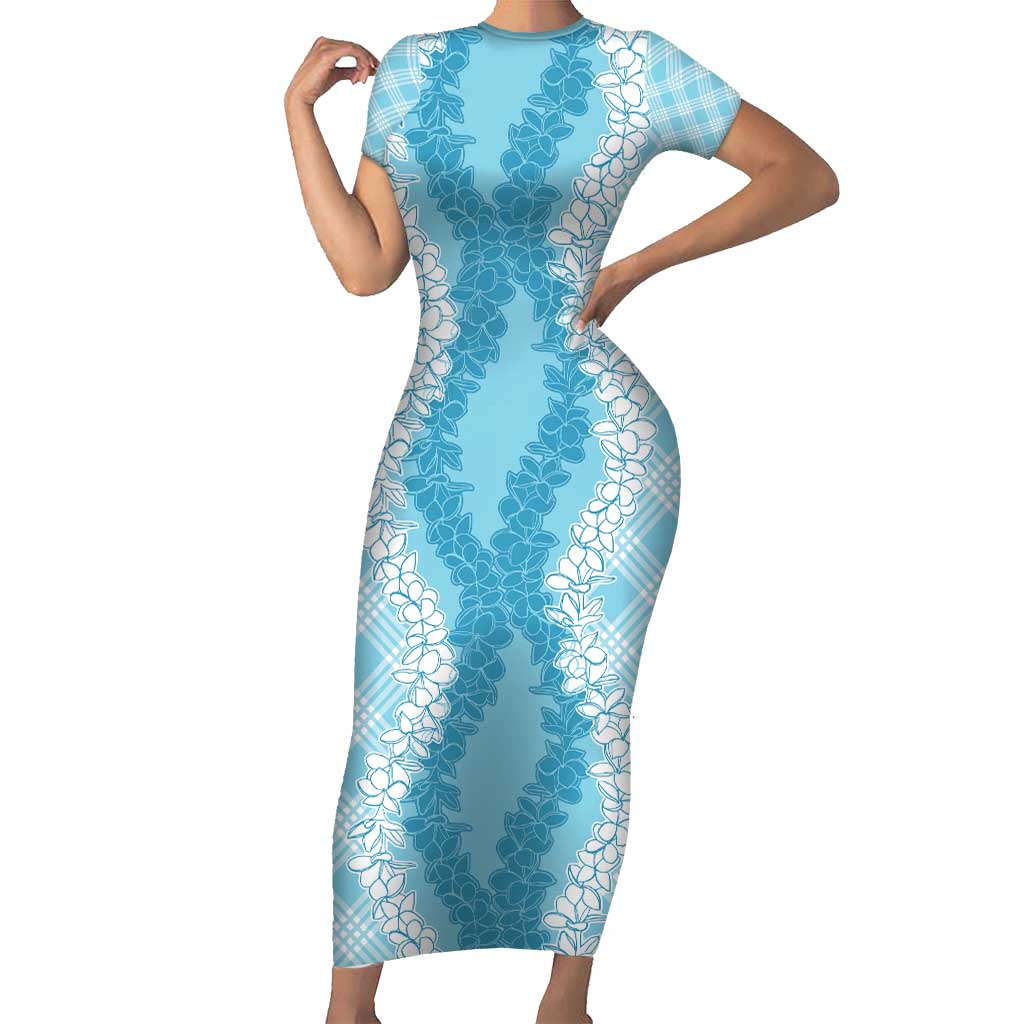 Hawaii Aloha Plumeria Lei Turquoise Palaka Short Sleeve Bodycon Dress LT7 Long Dress Turquoise - Polynesian Pride