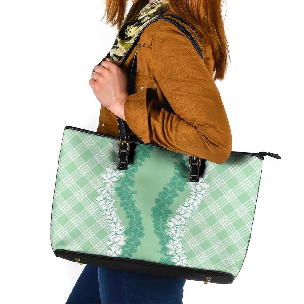 Hawaii Aloha Plumeria Lei Mint Palaka Leather Tote Bag LT7 Mint - Polynesian Pride