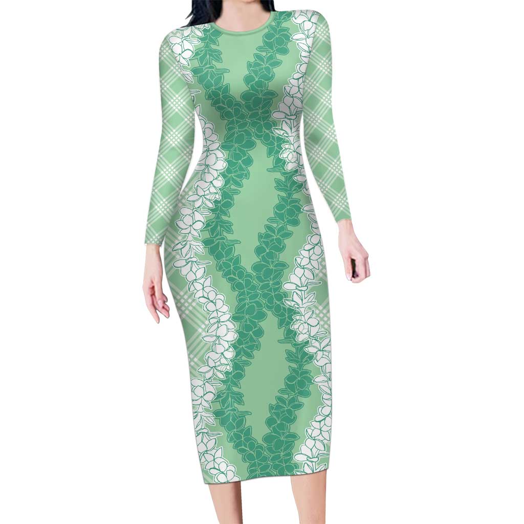 Hawaii Aloha Plumeria Lei Mint Palaka Long Sleeve Bodycon Dress LT7 Long Dress Mint - Polynesian Pride
