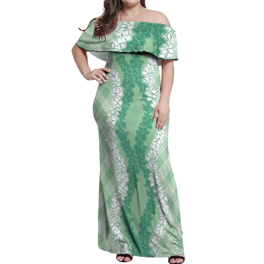 Hawaii Aloha Plumeria Lei Mint Palaka Off Shoulder Maxi Dress LT7 Women Mint - Polynesian Pride