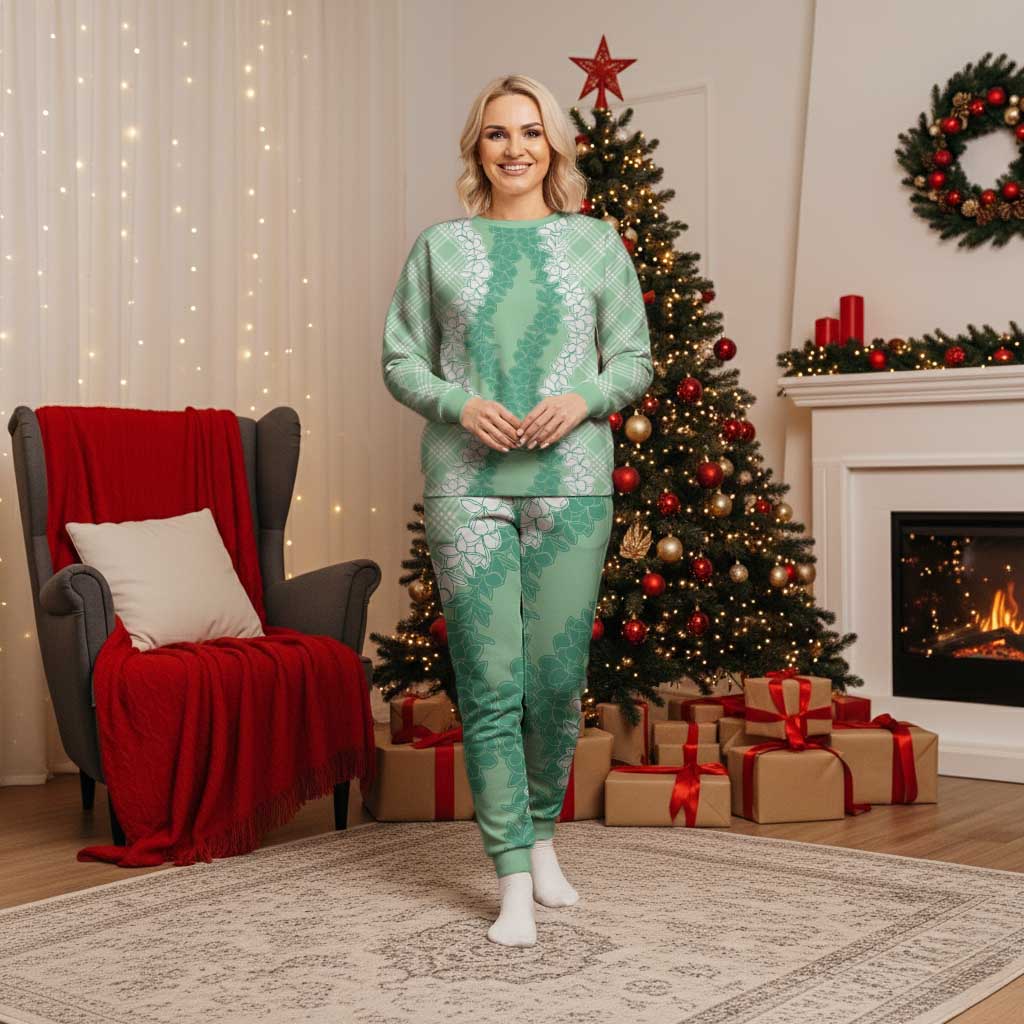 Hawaii Aloha Plumeria Lei Mint Palaka Christmas Pajama Set LT7 Women Mint - Polynesian Pride