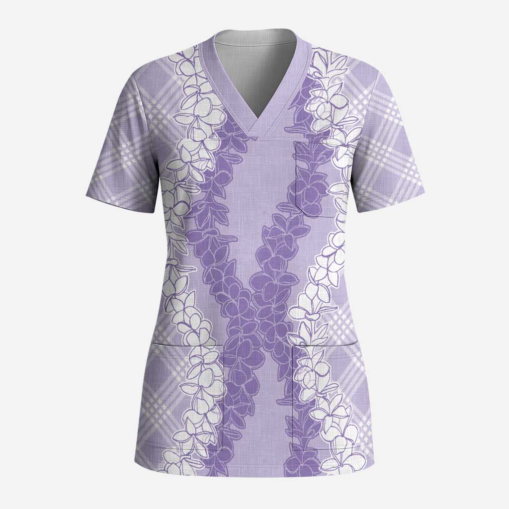 Hawaii Aloha Plumeria Lei Lavender Palaka Scrub Top LT7 Adult Lavender - Polynesian Pride