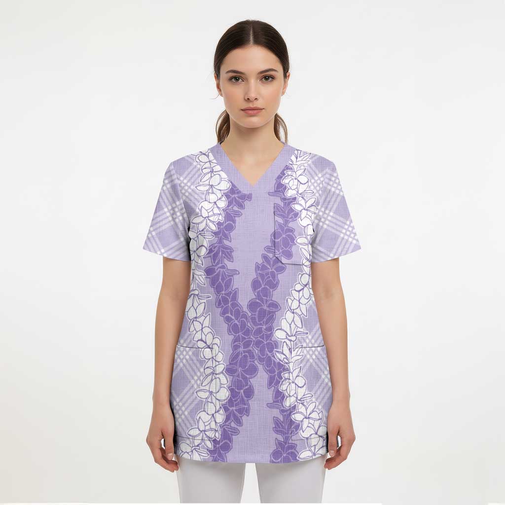 Hawaii Aloha Plumeria Lei Lavender Palaka Scrub Top LT7 - Polynesian Pride