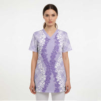 Hawaii Aloha Plumeria Lei Lavender Palaka Scrub Top LT7 - Polynesian Pride