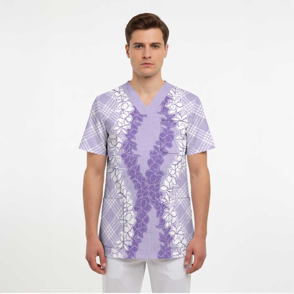 Hawaii Aloha Plumeria Lei Lavender Palaka Scrub Top LT7 - Polynesian Pride