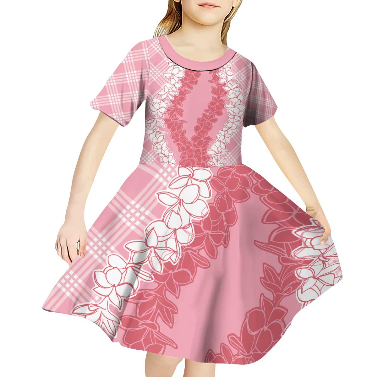 Hawaii Aloha Plumeria Lei Pink Palaka Kid Short Sleeve Dress LT7 - Polynesian Pride