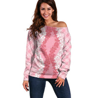 Hawaii Aloha Plumeria Lei Pink Palaka Off Shoulder Sweater LT7 Women Pink - Polynesian Pride