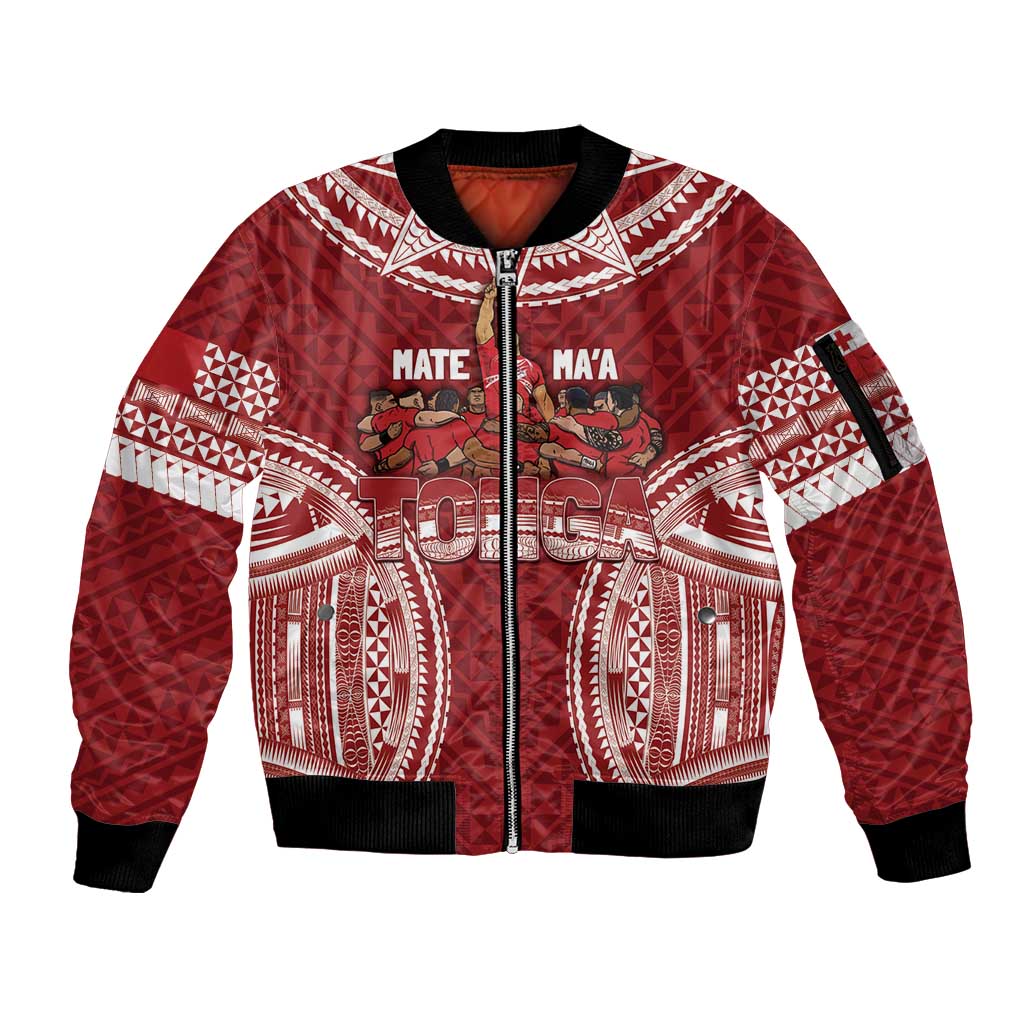 Personalized Mate Maa Tonga Rugby Sleeve Zip Bomber Jacket Ofa Atu Tonga LT7 Unisex Red - Polynesian Pride