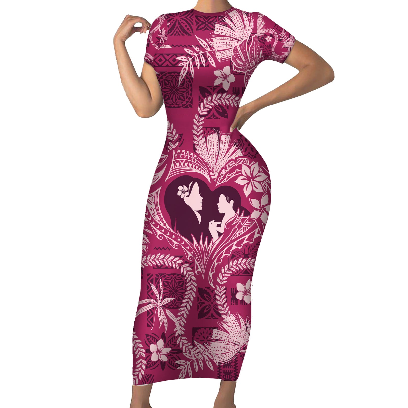 Hawaii Plumeria Short Sleeve Bodycon Dress Hau'oli la Makuahine Rosy LT7 Long Dress Pink - Polynesian Pride