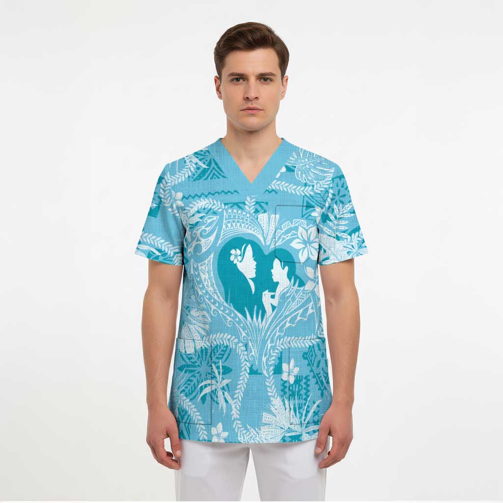 Hawaii Plumeria Scrub Top Hau'oli la Makuahine Turquoise LT7 - Polynesian Pride