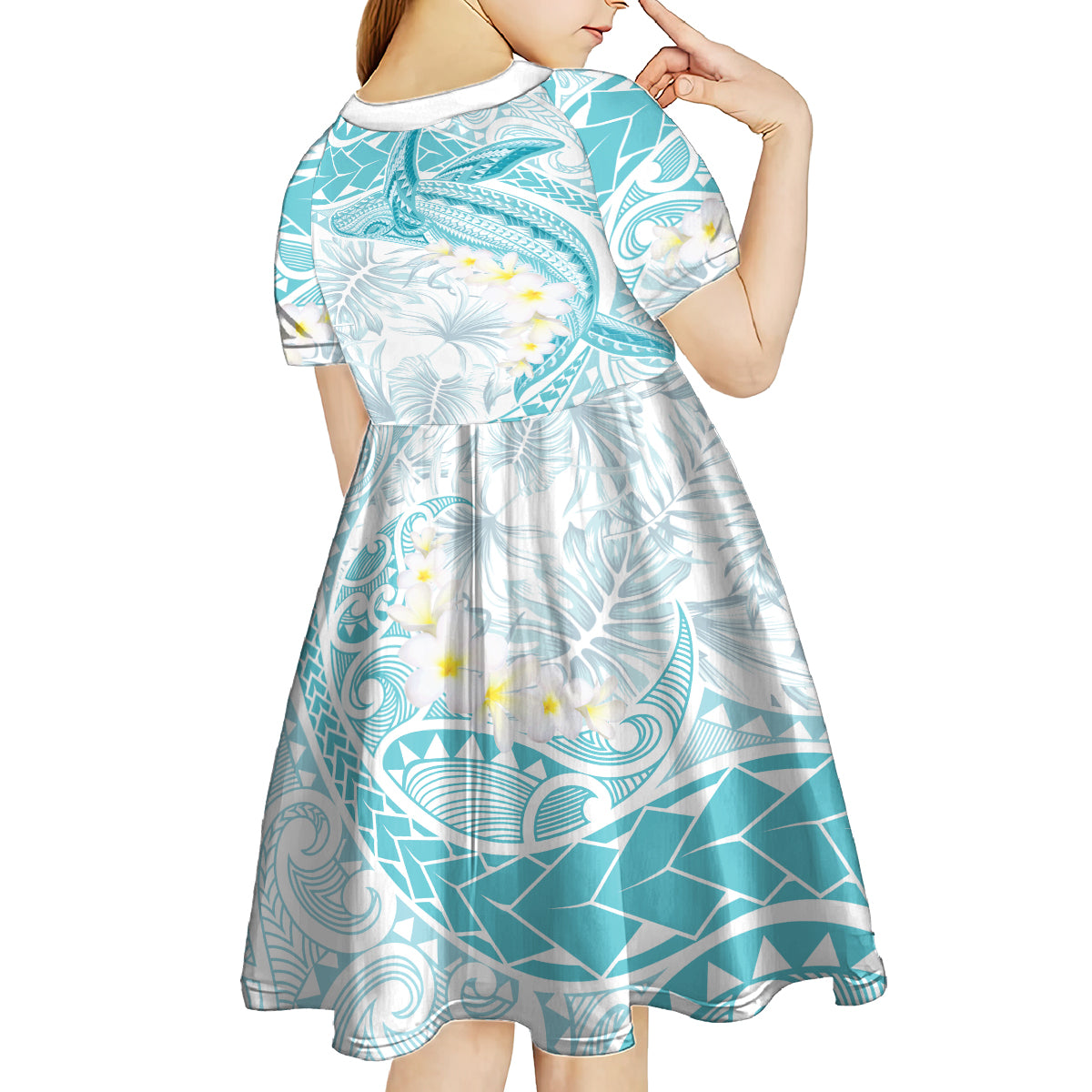 Polynesia Humpback Whale Kid Short Sleeve Dress Tropical Plumeria Turquoise LT7 - Polynesian Pride