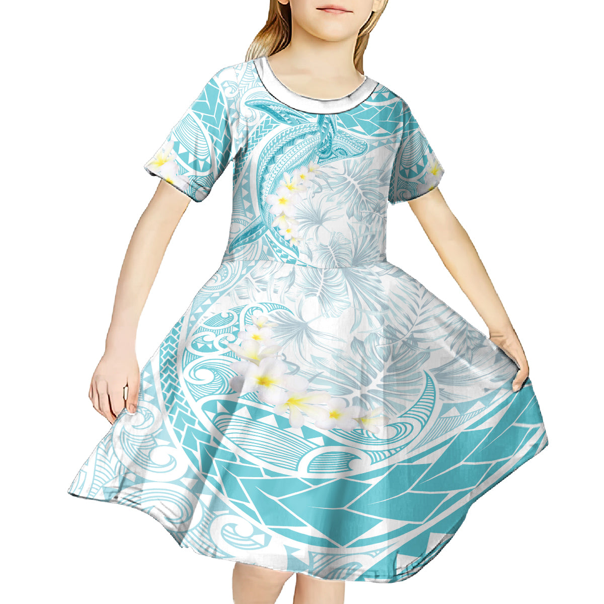 Polynesia Humpback Whale Kid Short Sleeve Dress Tropical Plumeria Turquoise LT7 - Polynesian Pride
