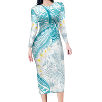 Polynesia Humpback Whale Long Sleeve Bodycon Dress Tropical Plumeria Turquoise LT7 Long Dress Turquoise - Polynesian Pride