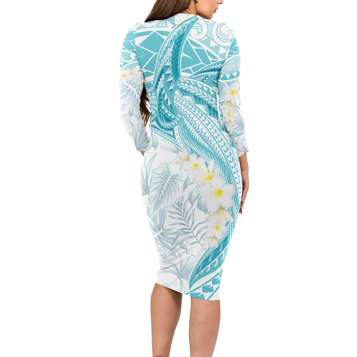 Polynesia Humpback Whale Long Sleeve Bodycon Dress Tropical Plumeria Turquoise LT7 - Polynesian Pride