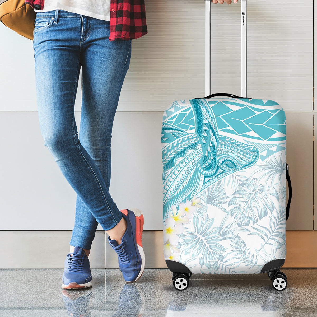 Polynesia Humpback Whale Luggage Cover Tropical Plumeria Turquoise LT7 - Polynesian Pride