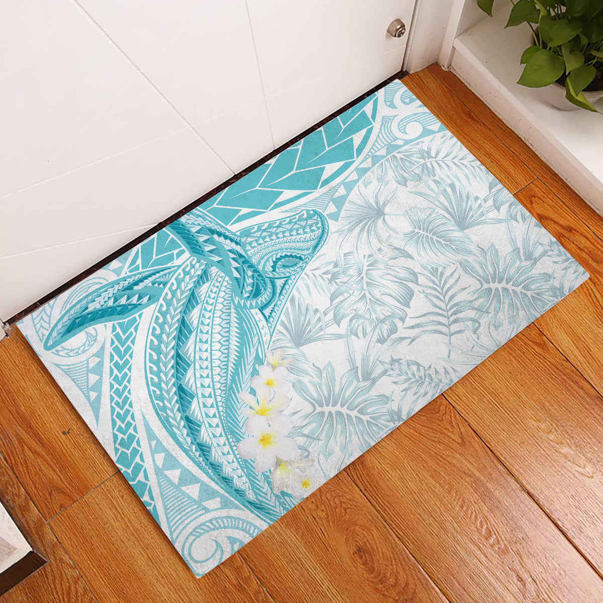 Polynesia Humpback Whale Rubber Doormat Tropical Plumeria Turquoise LT7 Turquoise - Polynesian Pride