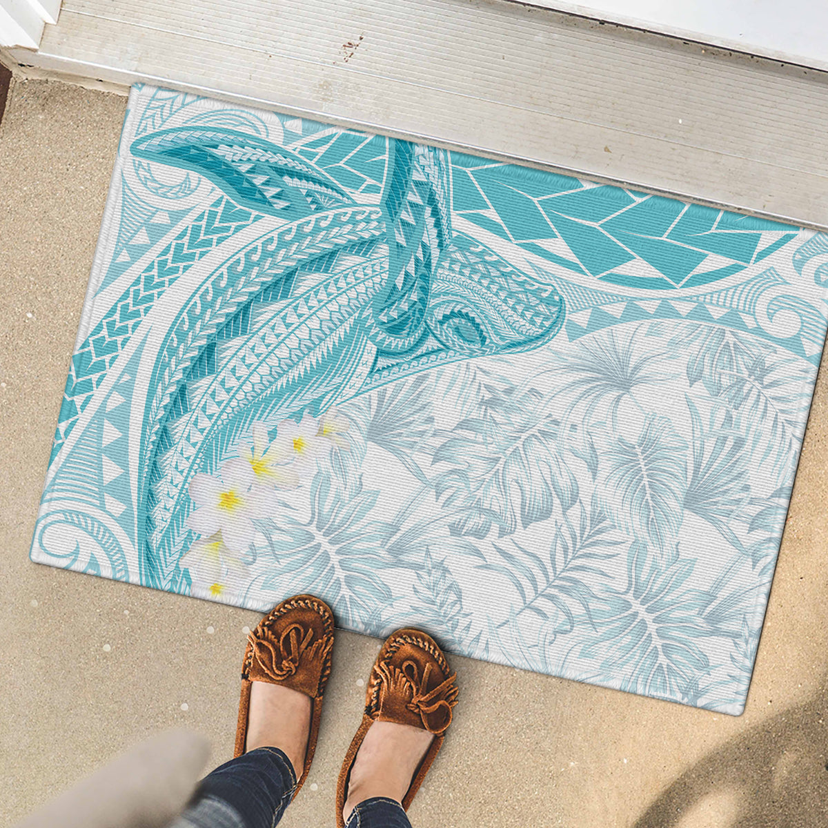 Polynesia Humpback Whale Rubber Doormat Tropical Plumeria Turquoise LT7 - Polynesian Pride