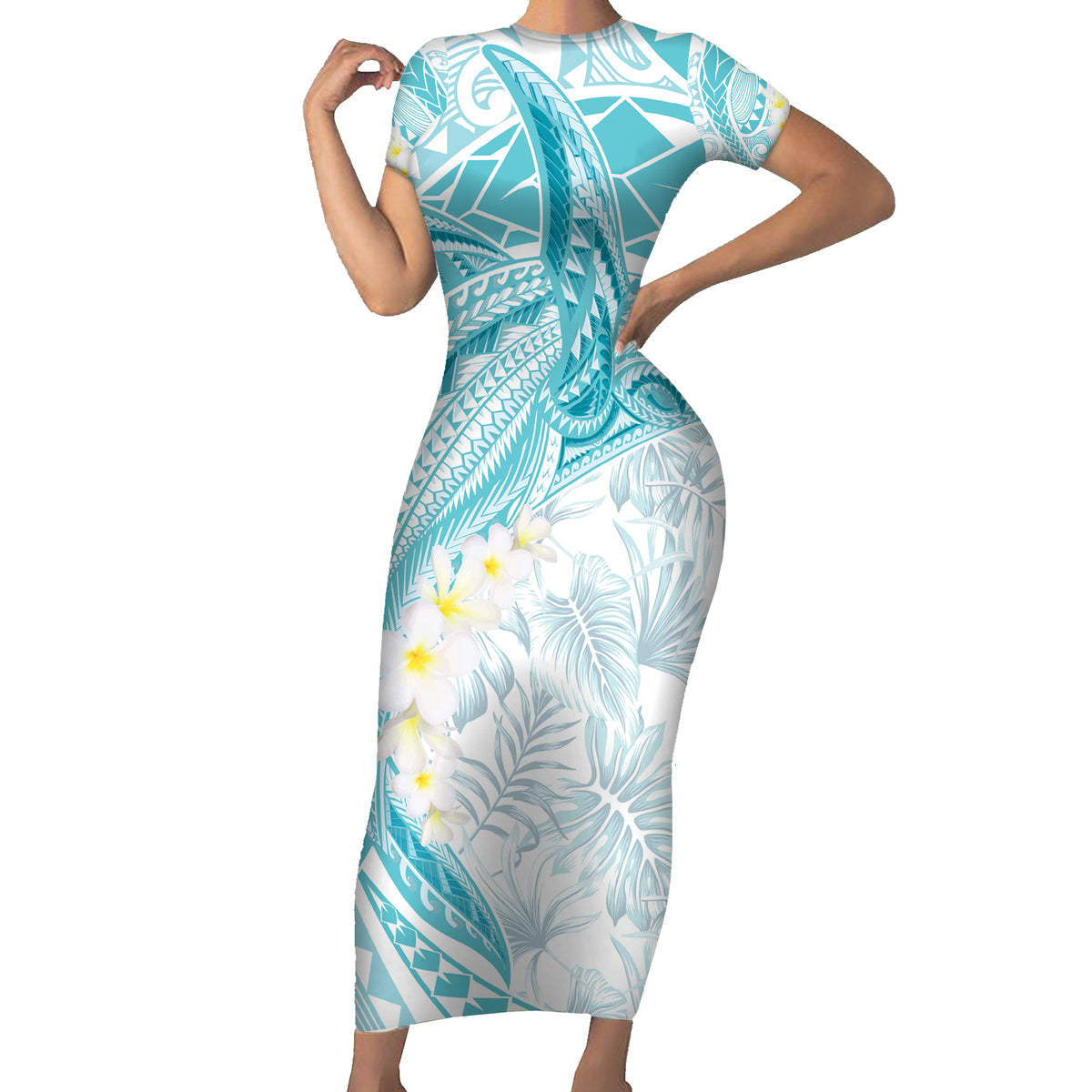 Polynesia Humpback Whale Short Sleeve Bodycon Dress Tropical Plumeria Turquoise LT7 Long Dress Turquoise - Polynesian Pride