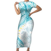 Polynesia Humpback Whale Short Sleeve Bodycon Dress Tropical Plumeria Turquoise LT7 Long Dress Turquoise - Polynesian Pride