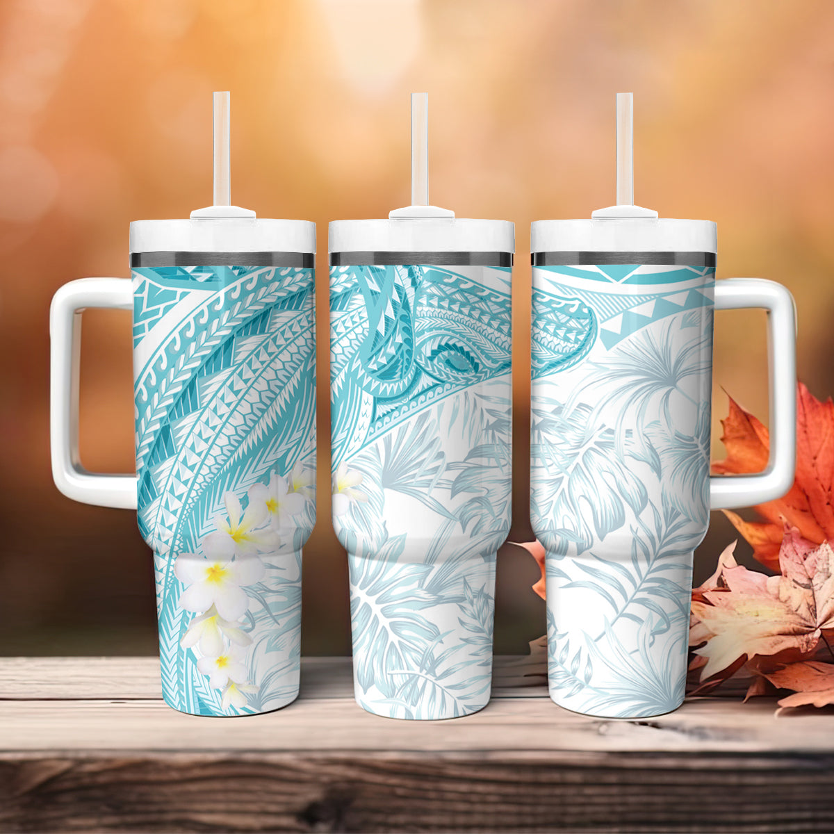 Polynesia Humpback Whale Tumbler With Handle Tropical Plumeria Turquoise LT7 - Polynesian Pride