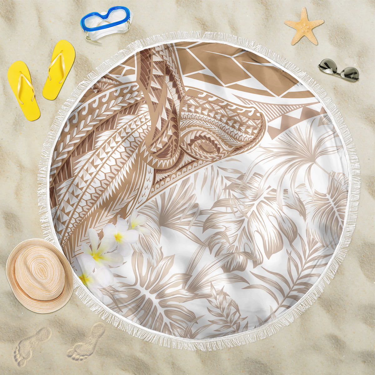Polynesia Humpback Whale Beach Blanket Tropical Plumeria Beige LT7 One Size 150cm Beige - Polynesian Pride
