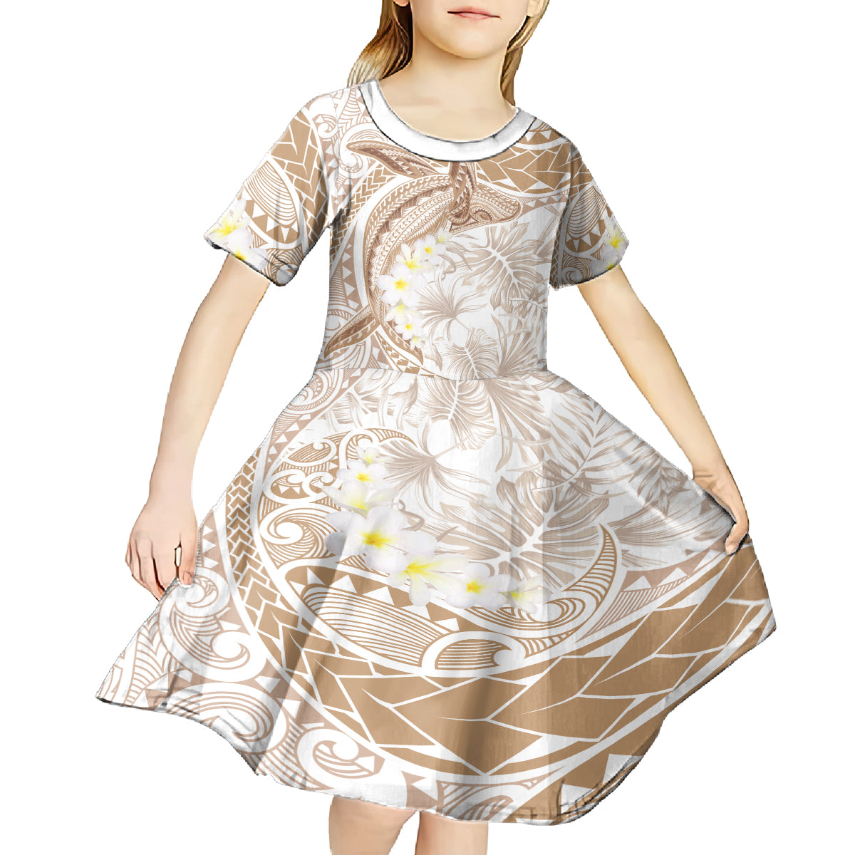 Polynesia Humpback Whale Kid Short Sleeve Dress Tropical Plumeria Beige LT7 - Polynesian Pride