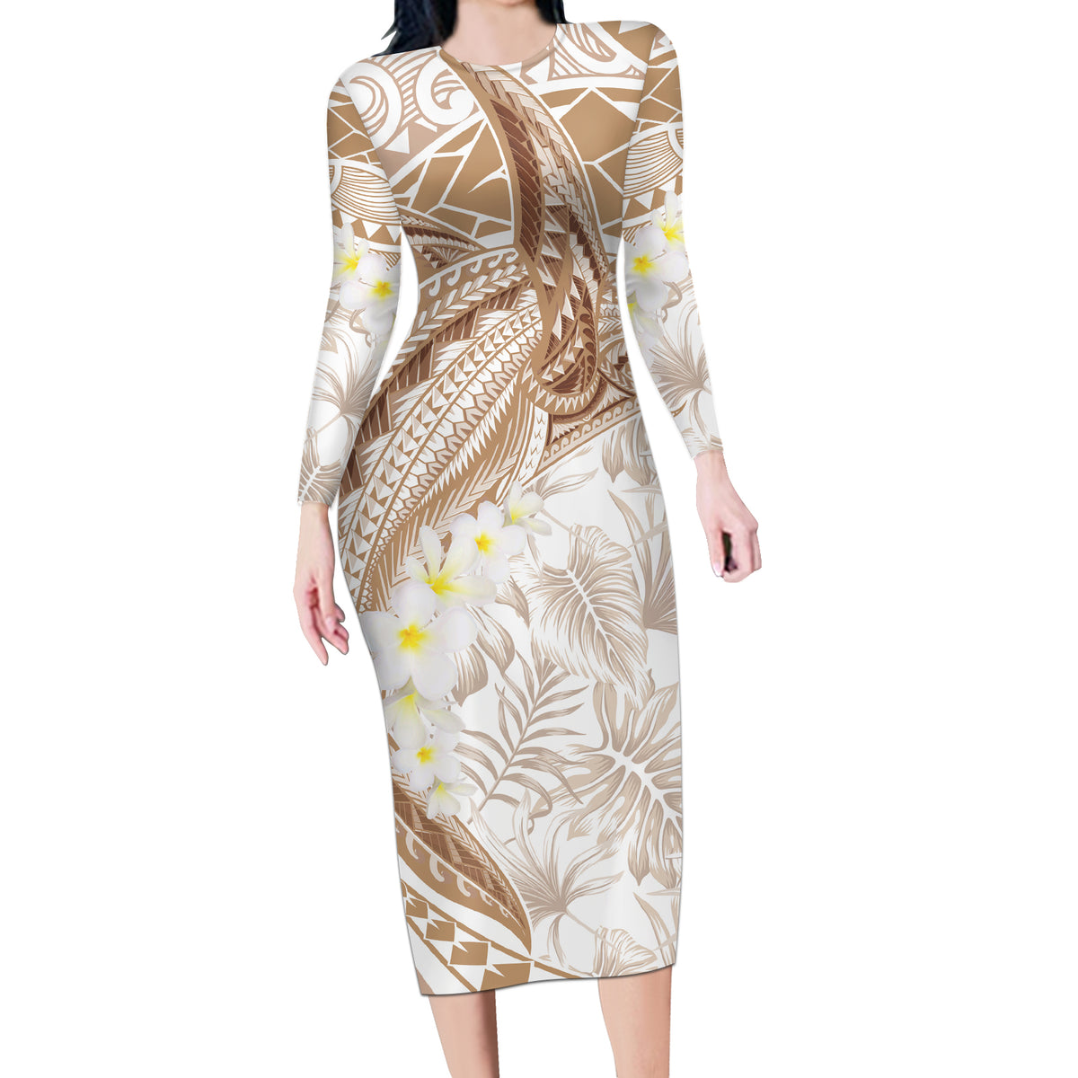Polynesia Humpback Whale Long Sleeve Bodycon Dress Tropical Plumeria Beige LT7 Long Dress Beige - Polynesian Pride