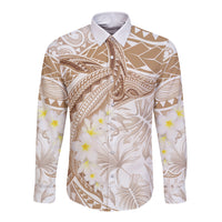 Polynesia Humpback Whale Long Sleeve Button Shirt Tropical Plumeria Beige LT7 Unisex Beige - Polynesian Pride