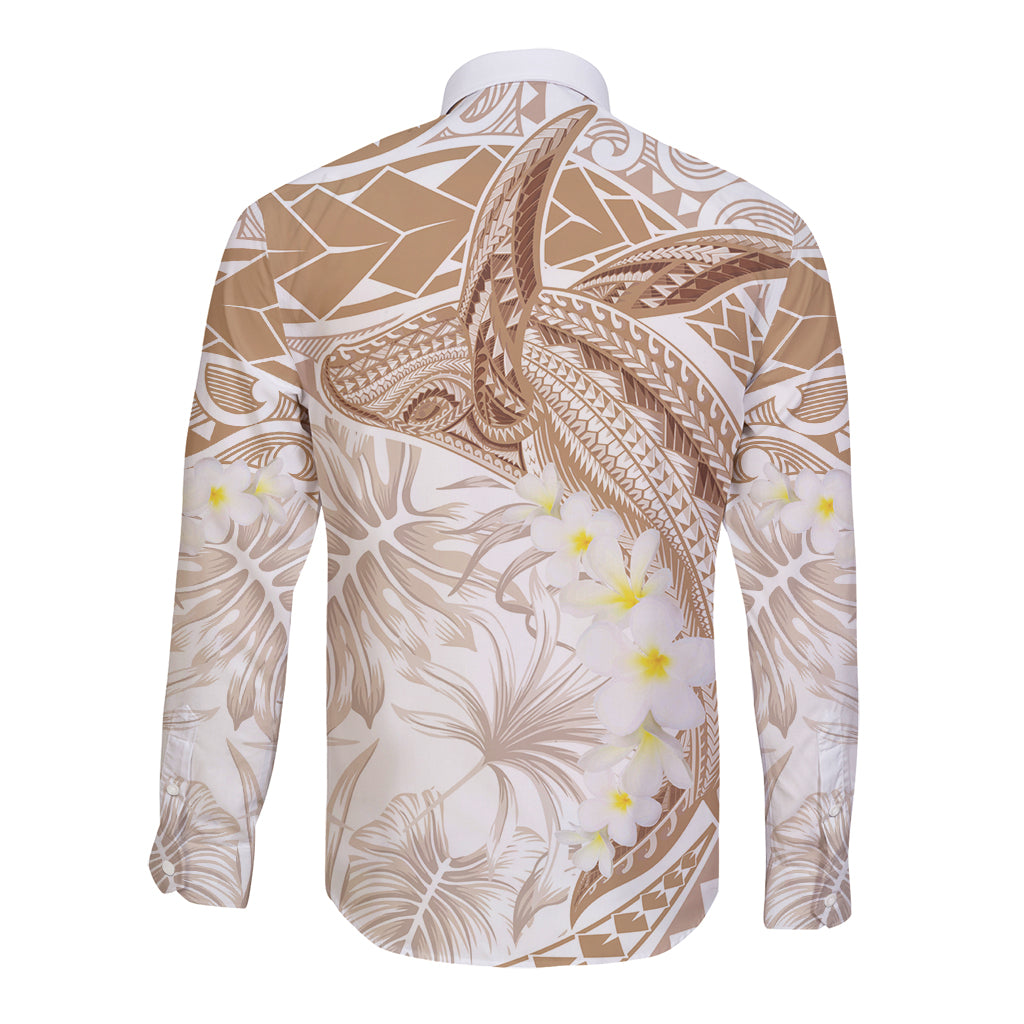 Polynesia Humpback Whale Long Sleeve Button Shirt Tropical Plumeria Beige LT7 - Polynesian Pride