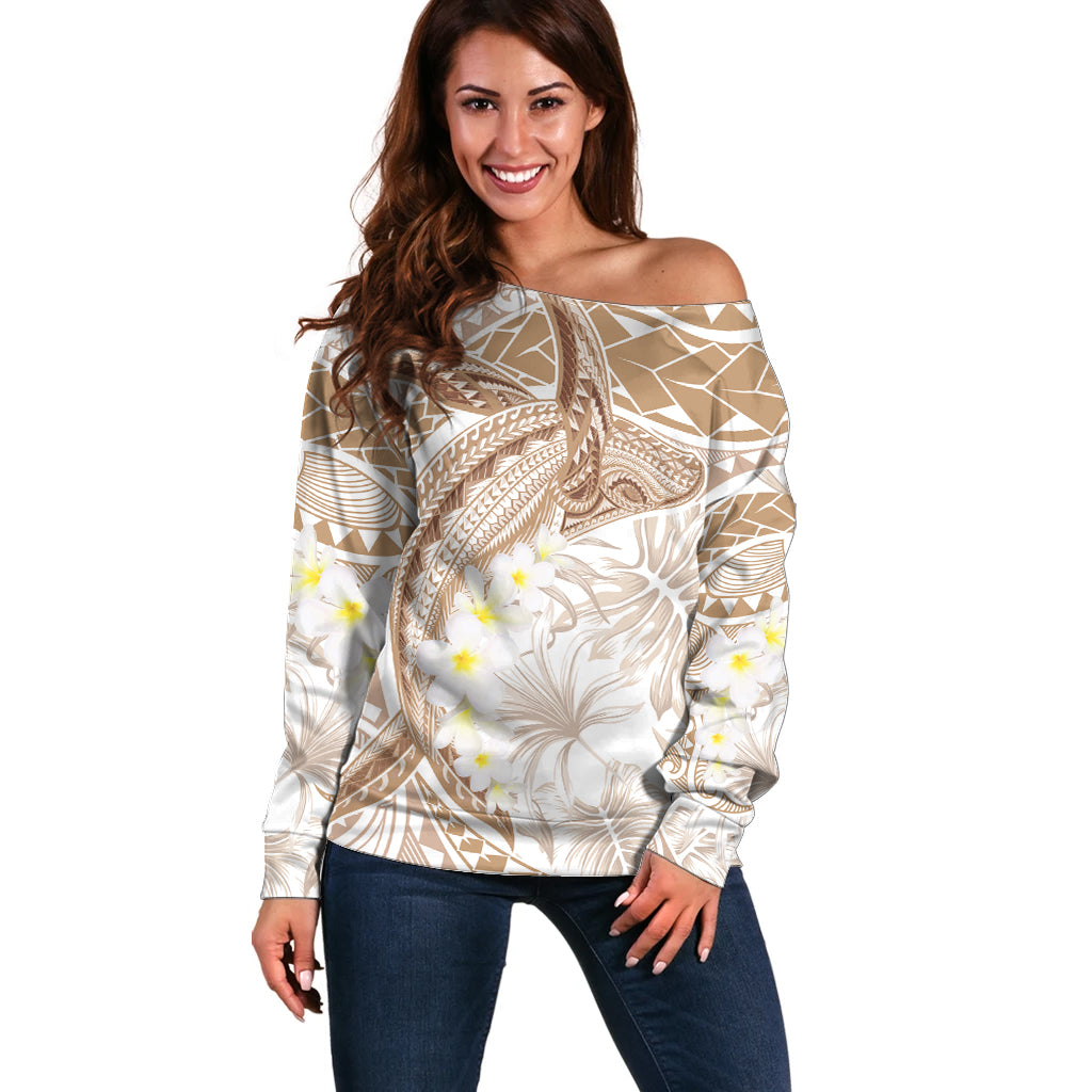 Polynesia Humpback Whale Off Shoulder Sweater Tropical Plumeria Beige LT7 Women Beige - Polynesian Pride