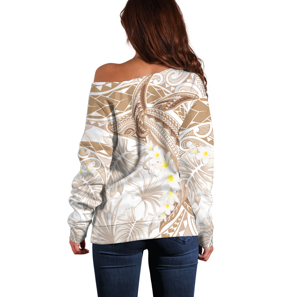 Polynesia Humpback Whale Off Shoulder Sweater Tropical Plumeria Beige LT7 - Polynesian Pride