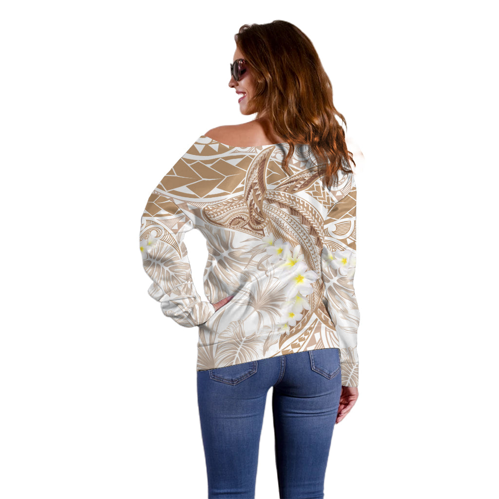 Polynesia Humpback Whale Off Shoulder Sweater Tropical Plumeria Beige LT7 - Polynesian Pride