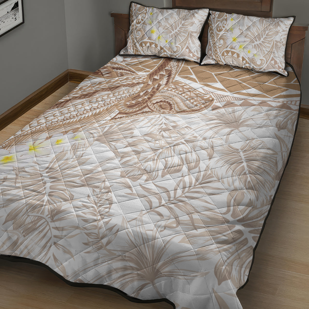 Polynesia Humpback Whale Quilt Bed Set Tropical Plumeria Beige LT7 - Polynesian Pride