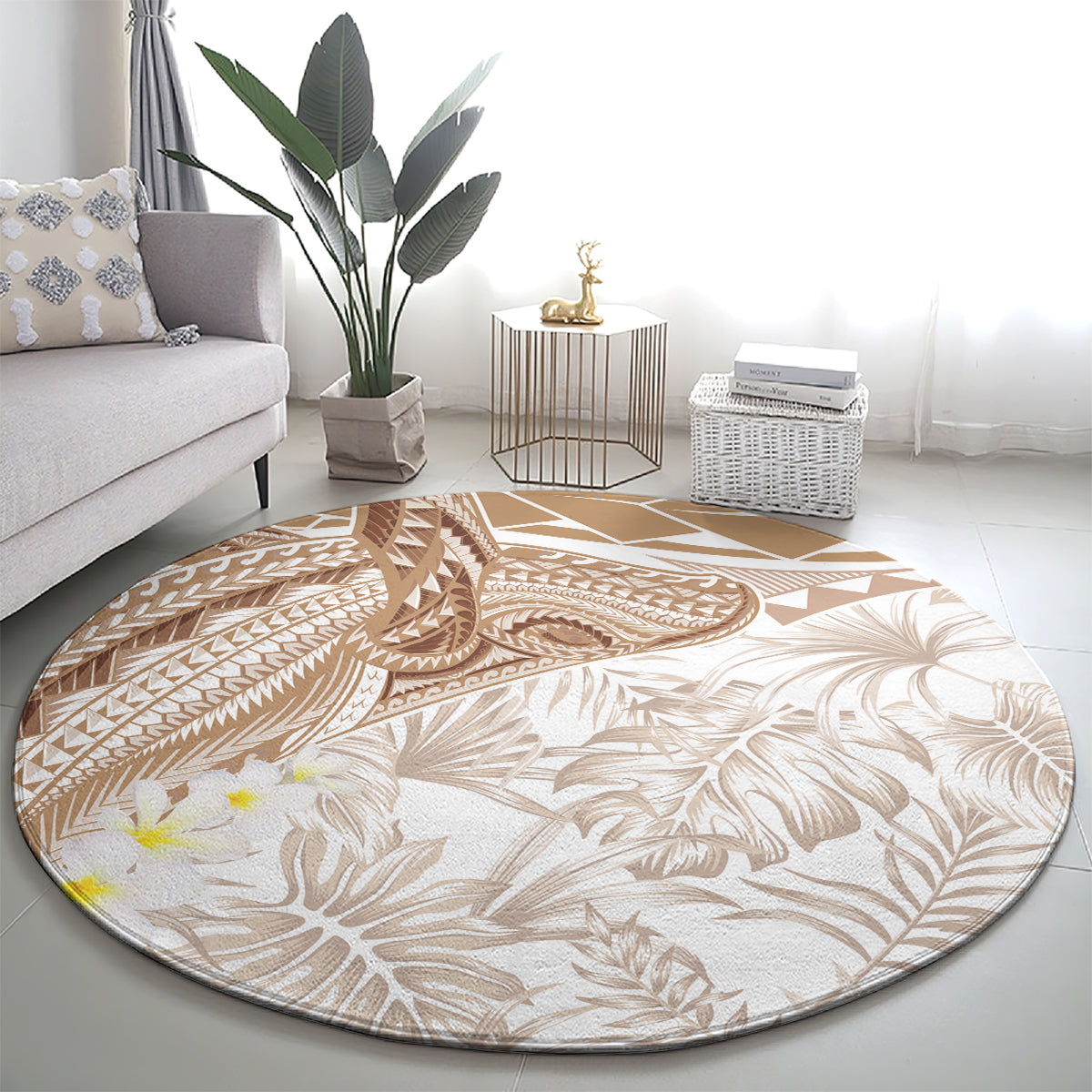 Polynesia Humpback Whale Round Carpet Tropical Plumeria Beige LT7 - Polynesian Pride