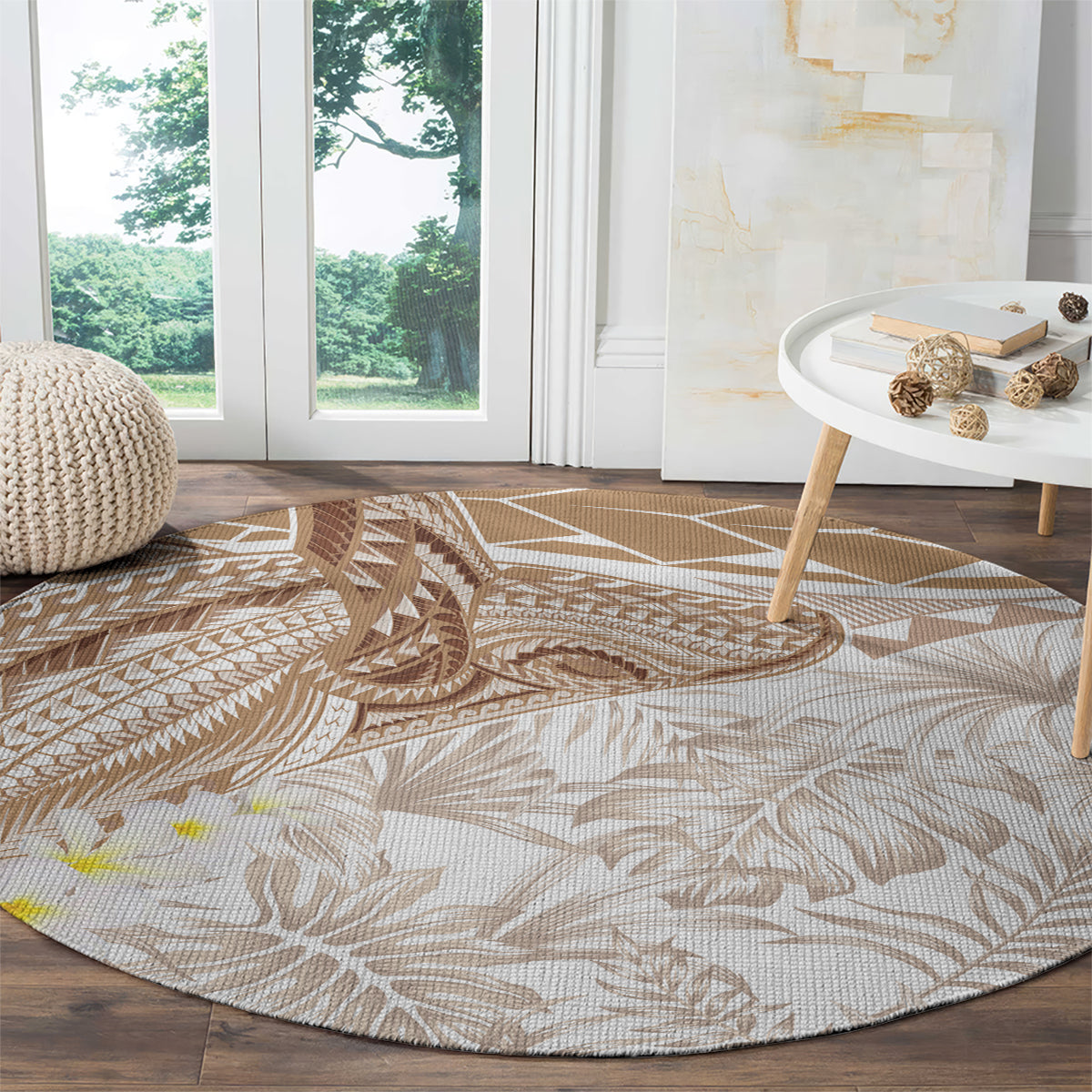 Polynesia Humpback Whale Round Carpet Tropical Plumeria Beige LT7 - Polynesian Pride